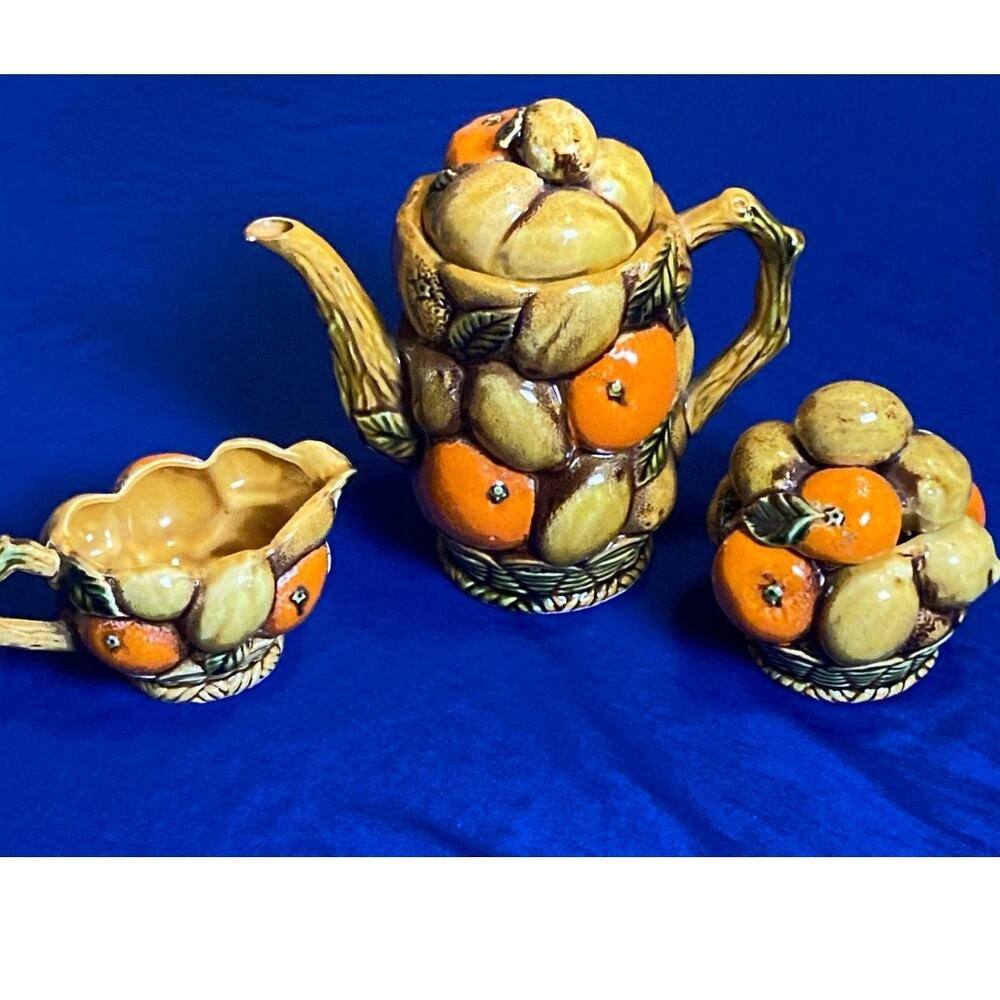 VTG Tea Set Orange Spice by Inarco Tea Pot - Creamer and Lidded Sugar Bowl Set